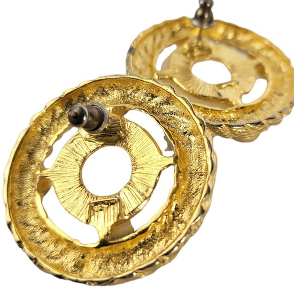 90's Earrings Pearlized Cabochons Gold Tone jewel Accents - Picture 6 of 7